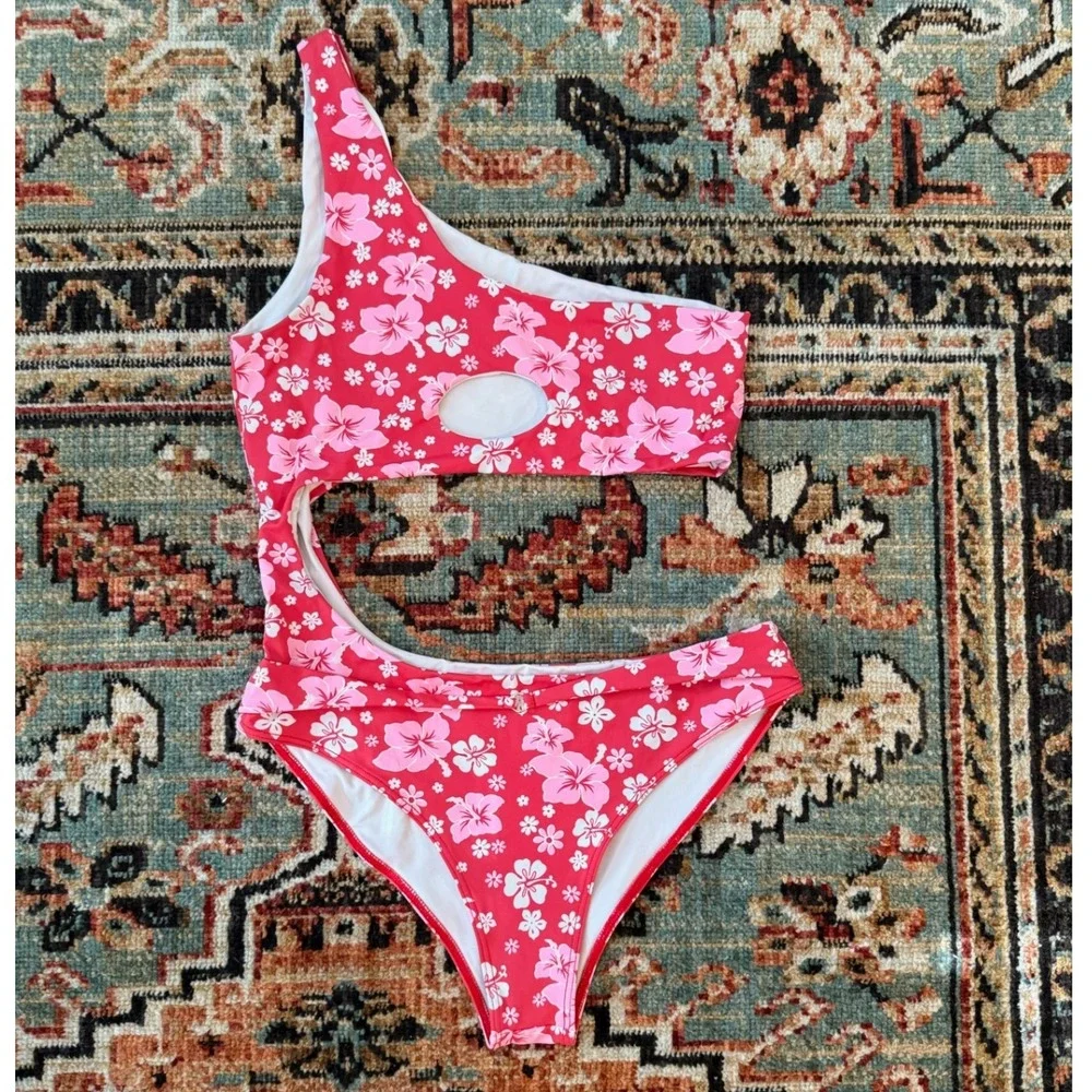 Frankies Bikinis Mila Red Pink Floral One Shoulder Cut Out Swimsuit Womens M